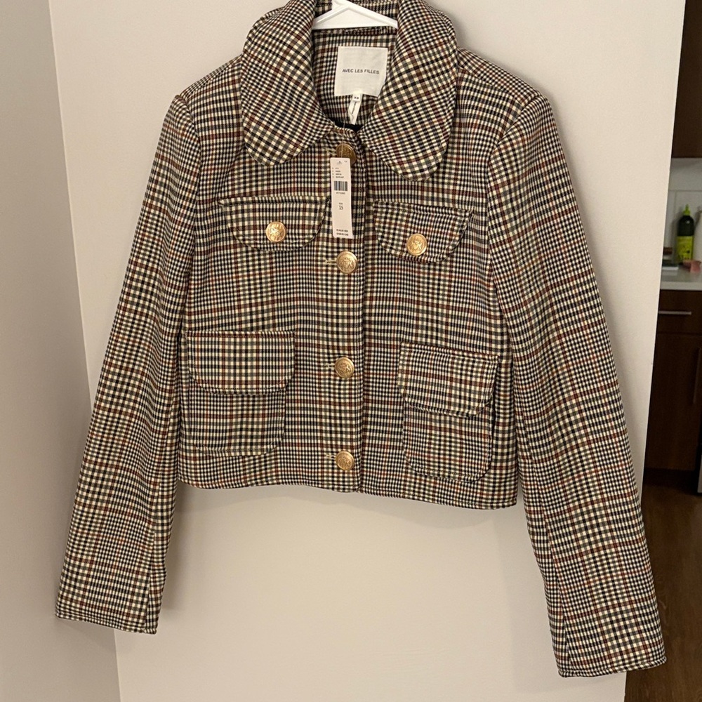 Avec Les Filles Houndstooth Blazer with Gold Buttons